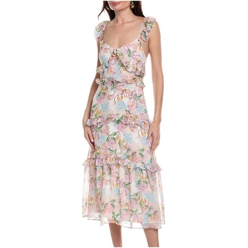 Anthropologie OPT‎ Ingrid Midi Ruffled Floral Dress Garden PartySize L